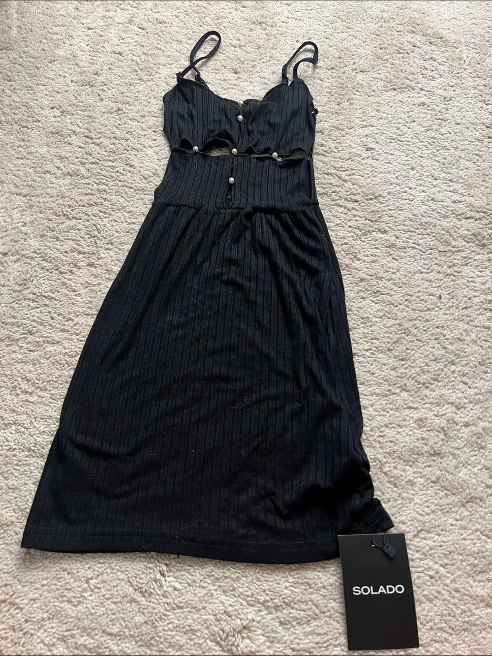 Black Ribbed Pearl accent-Front Midi Dress